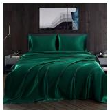 Homiest 4pcs Satin Sheets Set Luxury Silky Satin Bedding Set with Deep Pocket, 1 Fitted Sheet + 1 Flat Sheet + 2 Pillowcases (Queen Size, Blackish Green)