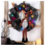 PIKRONSH 16 Inch Halloween Wreath with Lights, Wizard Gnome Deco Mesh Wreath with Artificial Roses Glitter Pumpkins and Bowknots, Front Door Wall Window Halloween Decoration (Orange)