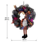 PIKRONSH 16 Inch Halloween Wreath with Lights, Wizard Gnome Deco Mesh Wreath with Artificial Roses Glitter Pumpkins and Bowknots, Front Door Wall Window Halloween Decoration (Orange)