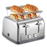 Yabano 4 Slice Toaster, Bagel Toaster with 7 Bread Shade Settings and Warming Rack, 4 Extra Wide Slots, Defrost/Bagel/Cancel Function, Removable Crumb Tray, Stainless Steel Toaster, Silver