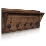 Rustic Wall Mounted Coat Rack Shelf - Brown Wooden Country Style 24" Entryway Shelf with 5 Rustic Hooks - Solid Pine Wood. Perfect Touch for Your Entryway, Mudroom, Kitchen, Bathroom and More (Brown)