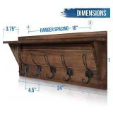 Rustic Wall Mounted Coat Rack Shelf - Brown Wooden Country Style 24" Entryway Shelf with 5 Rustic Hooks - Solid Pine Wood. Perfect Touch for Your Entryway, Mudroom, Kitchen, Bathroom and More (Brown)