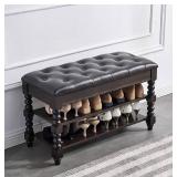 LEILISI Shoe Bench, Storage Rack Organizer with Cushion 2 Tier Lift Top Shoe Rack for Entryway Living Room Bedroom Hallway Wooden Furniture(Walnut, 31.5