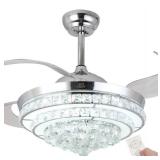 NUTCRUST Retractable Crystal Ceiling Fan, 3 Light Change LED Silent Fan Chandelier with Remote Control, Modern Invisible Ceiling Fan with Light 36W 42 Inch (Silver, Modern)