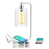 Industrial Touch Control Table Lamps with USB Port 3-Way Dimmable Bedside Wireless Charging Lamp for Bedroom Office Amber LED Bulb Included(Nickel)