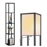Newfinder Led Shelf Floor Lamp, Modern Standing Lamp with 3 Wood Display Organizer Storage Shelves for Bedroom Living Room 63"Tall Square (Black)