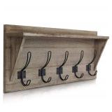 Rustic Wall Mounted Coat Rack Shelf - Wooden Country Style 24" Entryway Shelf with 5 Rustic Hooks - Solid Pine Wood. Perfect Touch for Your Entryway, Mudroom & Kitchen, (5- Weathered Brown)