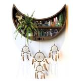 MYDECORLIFE Crescent Moon Shelf for Crystals | Moon Dream Catcher Handmade. Wood Moon Decor Wall Decorations for Stones Crystals & Essential Oils. Moon Phase Wall Hanging Decor for Bedroom