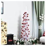 6 Foot PVC Unlit Slim Pencil Hinged Artificial Noble Fir Christmas Tree with Metal Stand, 390 Branch Tips - White