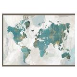 Teal World Map by Pamela Collabera Framed Canvas Art