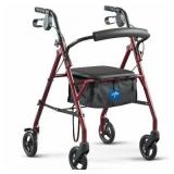 Medline Steel Rollator Walker, Folding Rolling Walker, 6in Wheels, 350lb Weight Capacity, Burgundy Red Frame