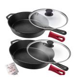 Cast Iron Skillet Set - 10" + 12"-Inch Frying Pan + Glass Lids + 2 Handle Cover Grips - Pre-Seasoned Oven Safe Cookware - Indoor/Outdoor Use - Grill, Stovetop, Induction, BBQ, Camping and Firepit Safe