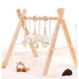 Wooden Baby Gym with 6 Wooden Baby Toys Foldable Baby Play Gym Frame Activity Gym Hanging Bar Newborn Gift Baby Girl and Boy Gym (Natural Color)