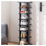 (white) YOUDENOVA 7 Tiers Vertical Shoe Rack, Wooden Shoe Storage Stand, Space Saving Vertical Shoe Organizer, Entryway Shoes Tower , Modern Shoe Rack Organizer