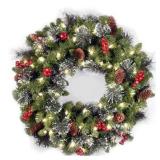 National Tree Company Pre-Lit Artificial Christmas Wreath, Green, Crestwood Spruce, White Lights, Decorated with Pine Cones, Berry Clusters, Frosted Branches, Christmas Collection, 24 Inches