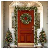 National Tree Company Pre-Lit Artificial Christmas Wreath, Green, Crestwood Spruce, White Lights, Decorated with Pine Cones, Berry Clusters, Frosted Branches, Christmas Collection, 24 Inches