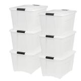 IRIS USA 53 Qt. Plastic Storage Bin Tote Organizing Container with Durable Lid and Secure Latching Buckles, Stackable and Nestable, 6 Pack, Pearl with Black Buckle