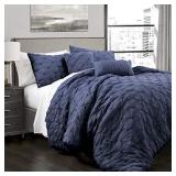 Lush Decor 16T001912 Ravello Shabby Chic Style Pintuck Navy 5 Piece Comforter Set with Pillow Shams, King