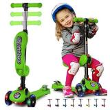 Kick Scooters for Kids Ages 3-5 (Suitable for 2-12 Year Old) Adjustable Height Foldable Scooter Removable Seat, 3 LED Light Wheels, Rear Brake, Wide Standing Board, Outdoor Activities for Boys/Girls