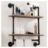 Industrial Pipe Shelving,Iron Pipe Shelves Industrial Bathroom Shelves with Towel bar,24 in Rustic Metal Pipe Floating Shelves Pipe Wall Shelf,2 Tier Industrial Shelf Wall Mounted with Hook ROGMARS