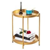 Sankell Gold End Table, 2-Tier Round Metal Side Table Removable Tray, Small Accent Table/Nightstand, Circle Coffee Table Indoor/Outdoor, Sofa Side Snack Table, Boho Side Table for Living Room Bedroom