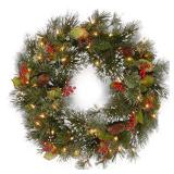 National Tree Company Pre-Lit Artificial Christmas Wreath, Green, Crestwood Spruce, White Lights, Decorated with Pine Cones, Berry Clusters, Frosted Branches, Christmas Collection, 24 Inches