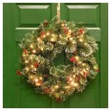 National Tree Company Pre-Lit Artificial Christmas Wreath, Green, Crestwood Spruce, White Lights, Decorated with Pine Cones, Berry Clusters, Frosted Branches, Christmas Collection, 24 Inches