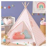Tiny Land Kids-Teepee-Tent with Soft Mat & Star Lights String, Cotton Kids Play-Tent, for 3,4,5,6 Years Old Girls, Indoor Outdoor Playhouse & Fort, Learning Toy for Toddlers