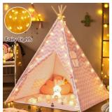 Tiny Land Kids-Teepee-Tent with Soft Mat & Star Lights String, Cotton Kids Play-Tent, for 3,4,5,6 Years Old Girls, Indoor Outdoor Playhouse & Fort, Learning Toy for Toddlers