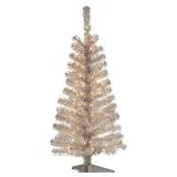National Tree Company Pre-Lit Artificial Christmas Tree, Silver Tinsel, White Lights, Includes Stand, 4 feet