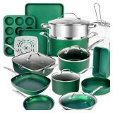 Granitestone 20 Piece Non-Stick Cookware Set, Granite Coated, PFOA Free, Oven Safe, Dishwasher Safe, Green