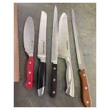 Misc Kitchen knives- kitchen aid, case wood handled, bread knives, faberware and more