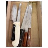 Misc Kitchen knives- kitchen aid, case wood handled, bread knives, faberware and more