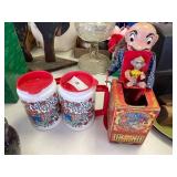 Dixie landings plastic thermos mugs, wind up musical man with monkey.