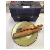 Misc thermos, wood pieces, graniteware green and black trim plate