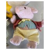 Plush stuffed vintage animal/dolls. eden and beatrix potter brand, duck, pig wig, pink round plush pig no tags.