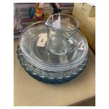 bubble glass plates and philbe pie plates, pyrex clear measure cup.