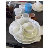 Fire King casserole dishes and mugs, blue sugar creamer milk glass mugs and more. 14 pieces