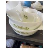Fire King casserole dishes and mugs, blue sugar creamer milk glass mugs and more. 14 pieces