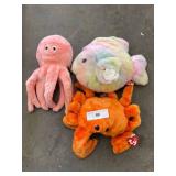 Vintage beanie buddies- 1999 digger (crab), 2000 coral (fish), 2001 Inky (octopus).