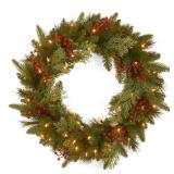 National Tree Company 24" Feel Real(R) Classical Collection Wreath with 8 Red Berries, 8 Cedar Leaves & 50 Battery Operated Warm White Led Lights w/Timer