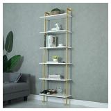 Industrial 6-Tiers Modern Ladder Shelf Bookcase ,Wood Storage Shelf,Display Shelving, Wall Mounted Wood Shelves(Gold)