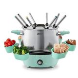 Dash Deluxe Stainless Steel Fondue Maker with Temperature Control, Fondue Forks, Cups, and Rack, with Recipe Guide Included, 3-Quart, Non-Stick Aqua
