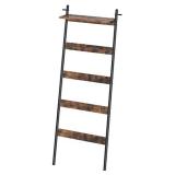 Rolanstar Ladder Shelf for Blanket, Wall-Leaning Blanket Rack with an Adjustable Shelf and 4 Hanging Hooks, 5-Tier Farmhouse Leaning Shelf for Bathroom, Living Room,Rustic Brown