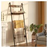 Rolanstar Ladder Shelf for Blanket, Wall-Leaning Blanket Rack with an Adjustable Shelf and 4 Hanging Hooks, 5-Tier Farmhouse Leaning Shelf for Bathroom, Living Room,Rustic Brown