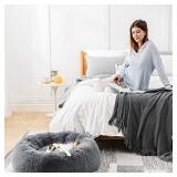 Bedsure Calming Dog Bed for Small Dogs - Donut Washable Small Pet Bed, 23 inches Anti Anxiety Round Fluffy Plush Faux Fur Cat Bed, Fits up to 25 lbs Pets, Dark Grey