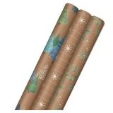 Hallmark Recyclable Holiday Wrapping Paper with Cut Lines on Reverse (3 Rolls: 90 sq. ft. ttl) Wintry Nature: Kraft Brown with White Snowflakes, Blue and Green Foliage, Christmas Trees