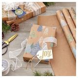 Hallmark Recyclable Holiday Wrapping Paper with Cut Lines on Reverse (3 Rolls: 90 sq. ft. ttl) Wintry Nature: Kraft Brown with White Snowflakes, Blue and Green Foliage, Christmas Trees