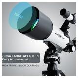 Telescope 70mm Aperture 500mm - for Kids & Adults Astronomical refracting Portable Telescopes AZ Mount Fully Multi-Coated Optics, with Tripod Phone (White)