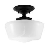 URBAN 33 F21616-50R Semi-Flush Opal Glass Schoolhouse Fixture, Black